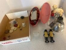 pewter oil lamp, alligator ashtray, singer sewing machine attachment, MP peanut planters salt and