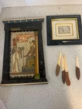 Egyptian plaque, silver embossed plaque, four wood and bone knives