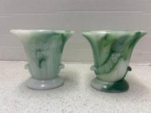 pair of akro agate green and white slag vases