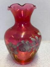 hand painted cranberry fluted glass vase