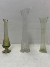three stretch vases, one uranium glass with chip at bottom