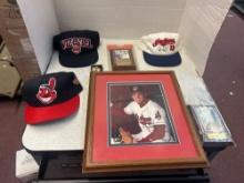 Omar vizquel, 3 Cleveland Indian hats, signed plaque, pin