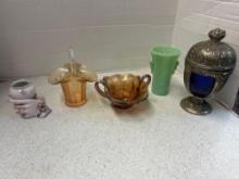 cast metal canola blue glass egg, amber glass basket, jadeite glass dish, voagco