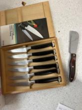 set of 6 kaicut knives and wooden box and cutco spreader