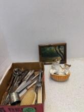 Silver plate, vanity, brush kittens in a basket
