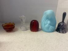4 pcs vintage glass Fenton Madonna votive, Waterford vase imperial purple swag bell, Fenton ruby