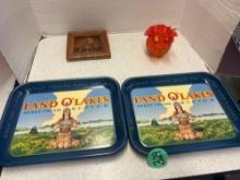 land O Lakes sweet cream butter metal trays, hobnail ruffles vase and wooden carved art ship