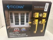 TICONN polished brass finish heavy duty double front door handle, and deadbolt set