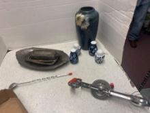 2 Silver keys, Butter dish, possibly sterling and silver plate tray, hand beater, salt and pepper