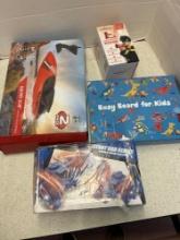 racing boat, stunt car series, busy board for kids and firefighter microphone