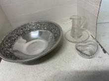large Wilton metal bowl and hobnail rim crystal glass