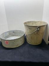 primitive galvanized bucket, and pan with handles