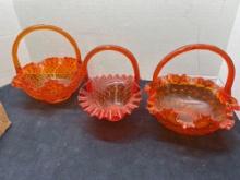 3 Fenton Orange glass ruffled edge baskets, thumbprint, hobnail, and hobnail cable