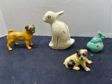 2 MORTENS studio dogs boxers, duck planter, LA PERE Zanesville pottery rabbit