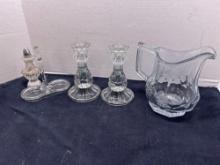 Crystal candlesticks, pitcher, shaker