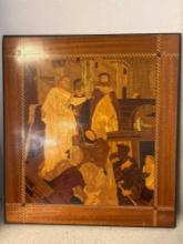 Marquetry wood, inlaid mosaic plaque
