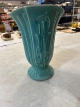 Shawnee Seafoam Green Ribbed Art Deco Cat Tails Glazed vase