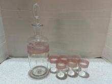 vintage pink and gold glass decanter with cups