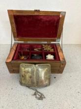 Old jewelry box and jewelry see description