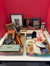 Railroad pencils, Vintage ashtrays, Transistor radio, art deco desk set