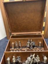Metal medieval style chest set with wood chessboard
