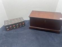 Bombay Company document chest with keys 1992 and jewelry box wood chip carved and enamel copper