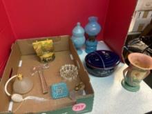 Glass, ashtrays, perfume bottles, blue glass oil lamp and more