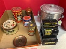 MCM Everlast ice bucket, vintage tins, Uncle Sams coin register back, etc.