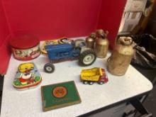 Horner candy containers vintage metal tractor, rustic hanging doorbells etc