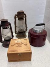 Vintage thermos railroad Lanterns cigar box