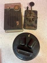 Zenith Royal 275 transistor radio, telegraph key , double hanging match safe