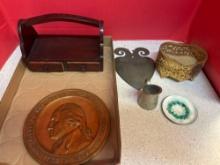 wood carrier, George Washington 1932 copper plaque, CLAGGETT heart wall pocket, enamel tray, heart