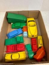 12 vintage plastic cars, etc.