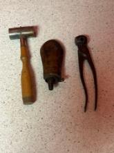 brass pistol powder flask, powder measure, and 1800s bullet mold
