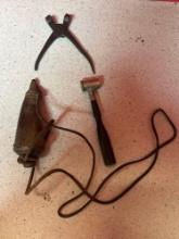 Old horn. powder horn circa 1850 powder measure, and cast iron pistol bullet mold