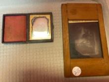 DAGUERREOTYPE of lady in case and wooden lantern slide of, treason of Bennedict Arnold