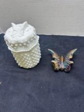 Fenton iridized carnival glass butterfly, and butterfly hob nail covered box