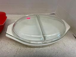 vintage Pyrex red square casserole dish and Pyrex golden acorn divided dish