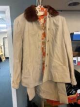 vintage wolf skirt suit set handmade with detachable fur collar. Coordinating short sleeve shirt.