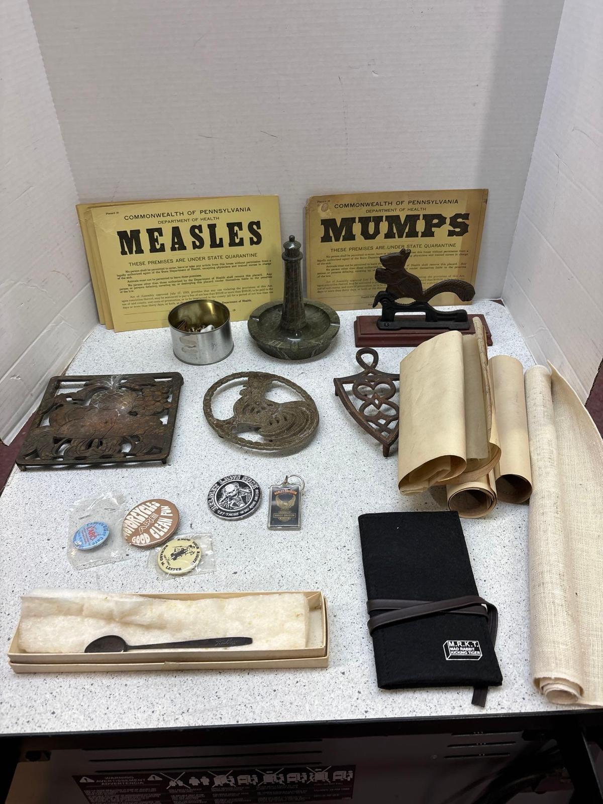Vintage immunization signs, Cast-iron trivets, pinbacks