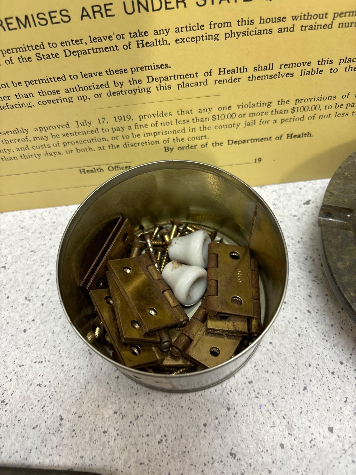 Vintage immunization signs, Cast-iron trivets, pinbacks