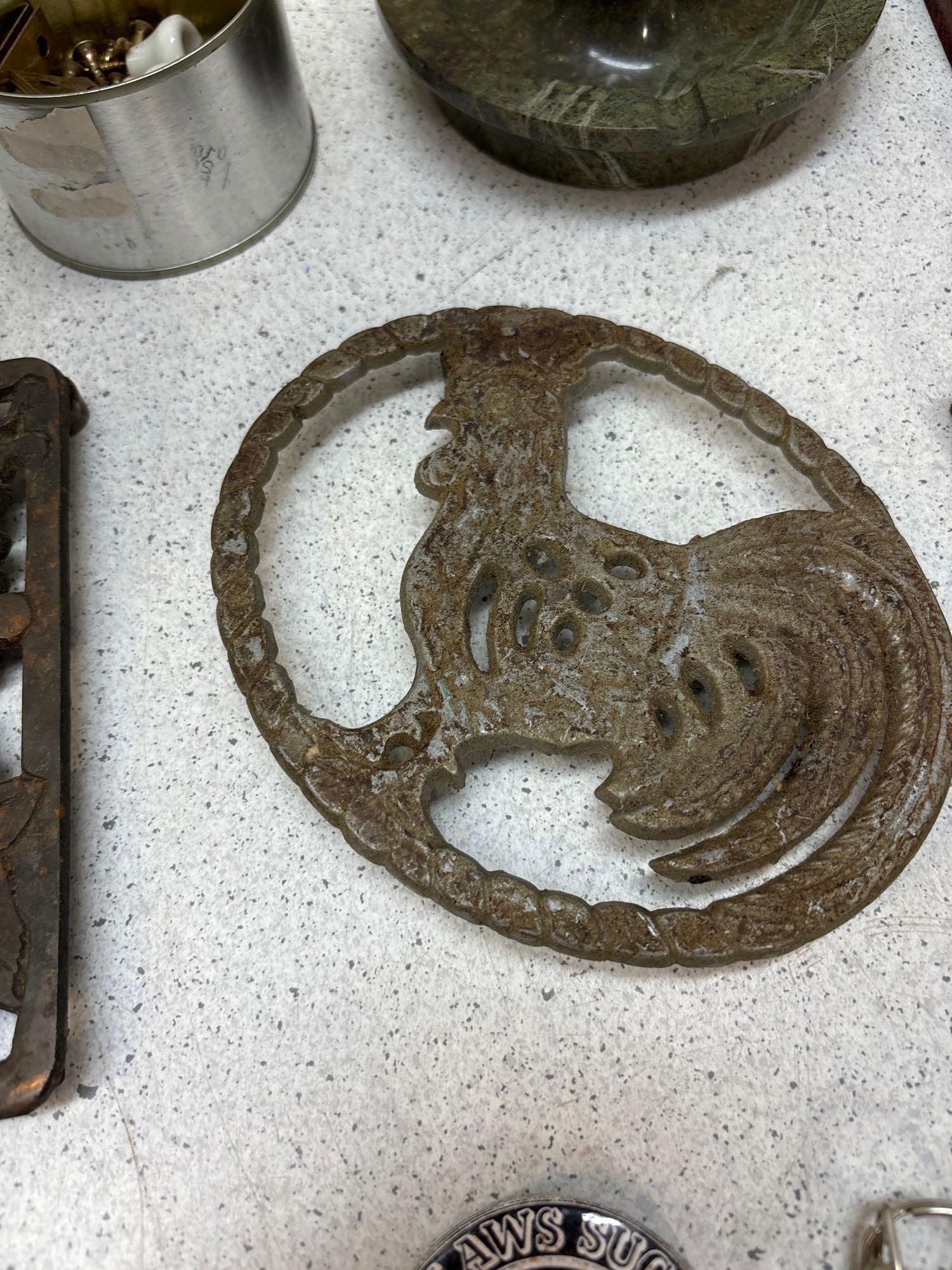Vintage immunization signs, Cast-iron trivets, pinbacks
