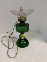 Antique emerald green, kerosene lamp with saucer shade
