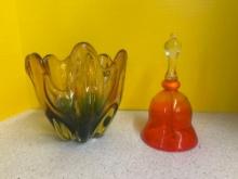 Italian glass bowl 7 inches and Orange glass and bell