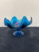 mid-century footed blue glass bowl