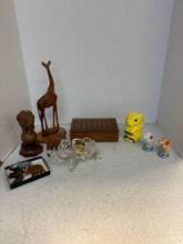 Wood ceramic and glass elephants