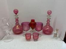 Pair of cranberry glass, crackle glass decanter, more