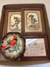 Two Hummel pictures, Chalkware bird, Small sampler