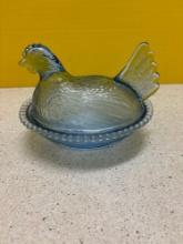 Fenton blue hobnail hen on nest