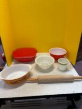 Pyrex, rolling pin, chicken apron